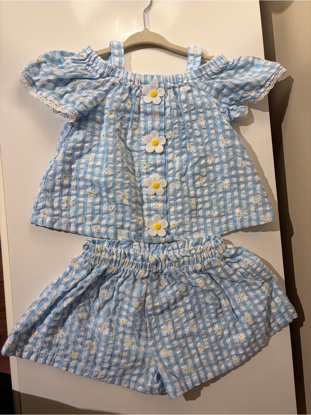 Toddler Girls Light Blue Gingham Seersucker Daisy Shirt and Shorts Set 3T NWOT